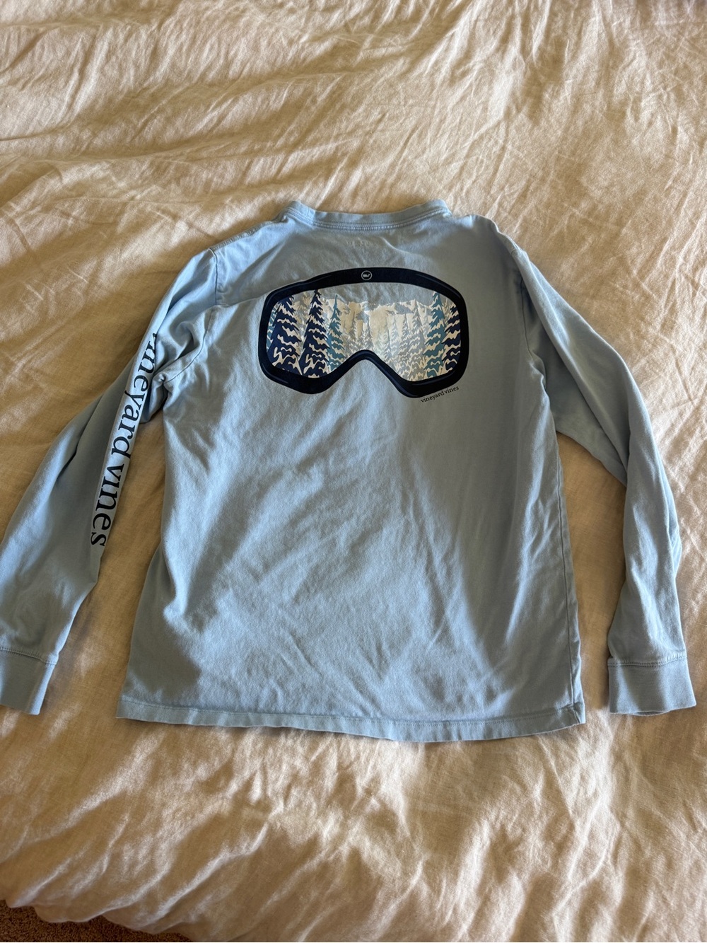 Vineyard Vines Light Blue Long Sleeve Tee with Ski Goggle Graphic
